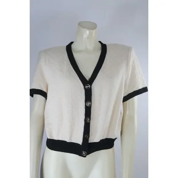 Vintage St. John Collection Knit Cardigan Ivory Black Trim Short Sleeve Size 6 - Picture 3 of 16